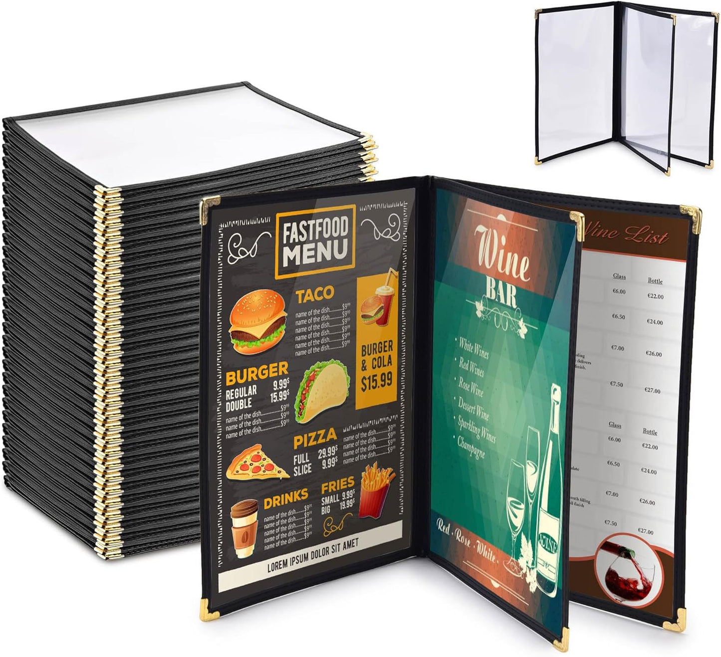 Set of menu boards with fast food, wine, and bar menus on a white background