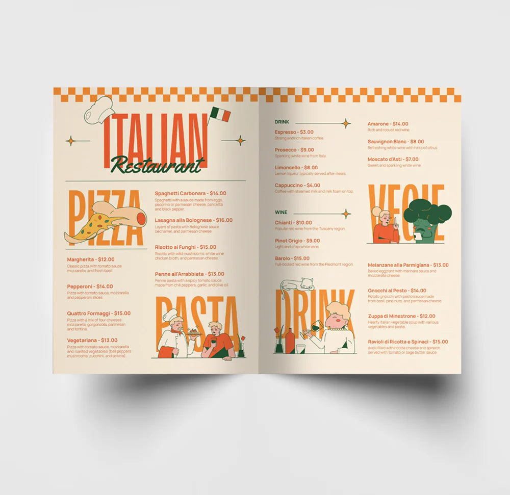 Open Italian restaurant menu with illustrations and text on a light gray background