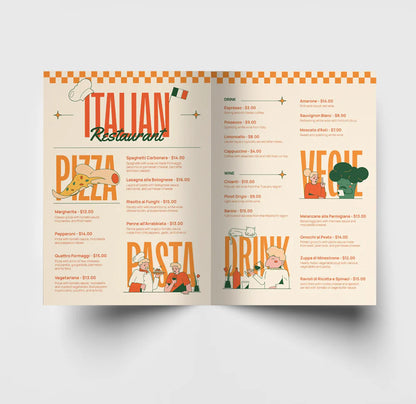 Open Italian restaurant menu with illustrations and text on a light gray background