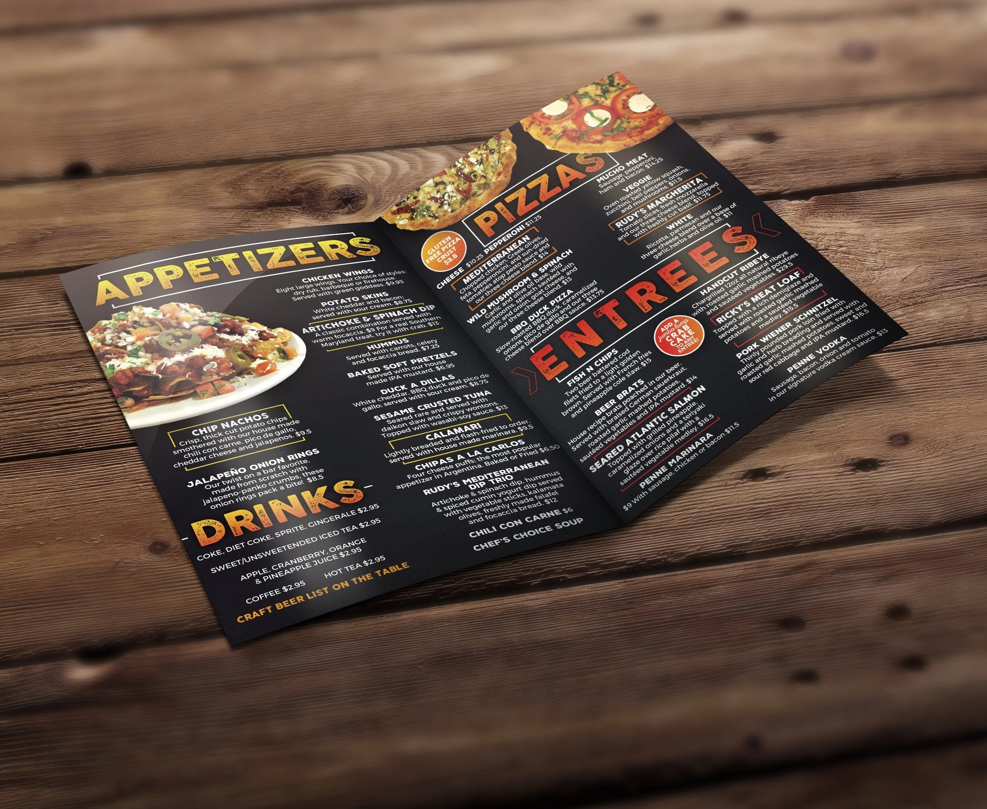 Restaurant menu on a wooden table with pizza images